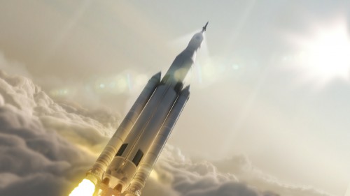 Artist concept of NASA’s Space Launch System (SLS) 70-metric-ton configuration launching to space. SLS will be the most powerful rocket ever built for deep space missions, including to an asteroid and ultimately to Mars. Image and Caption Credit: NASA/MSFC