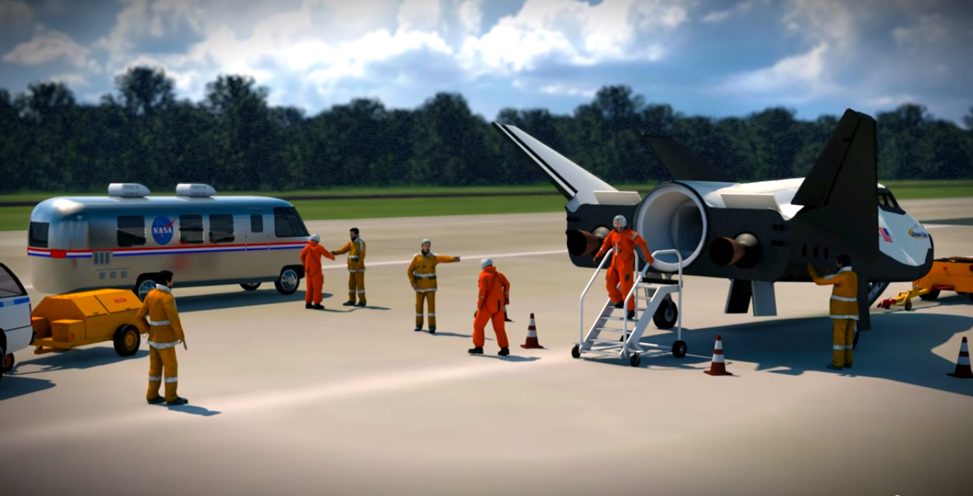 Astronaut crew exits commercial Dream Chaser after touchdown at Shuttle Landing Facility (SLF) or other commercial runways, on return from ISS mission in this artists concept. Credit: Sierra Nevada Corporation (SNC)