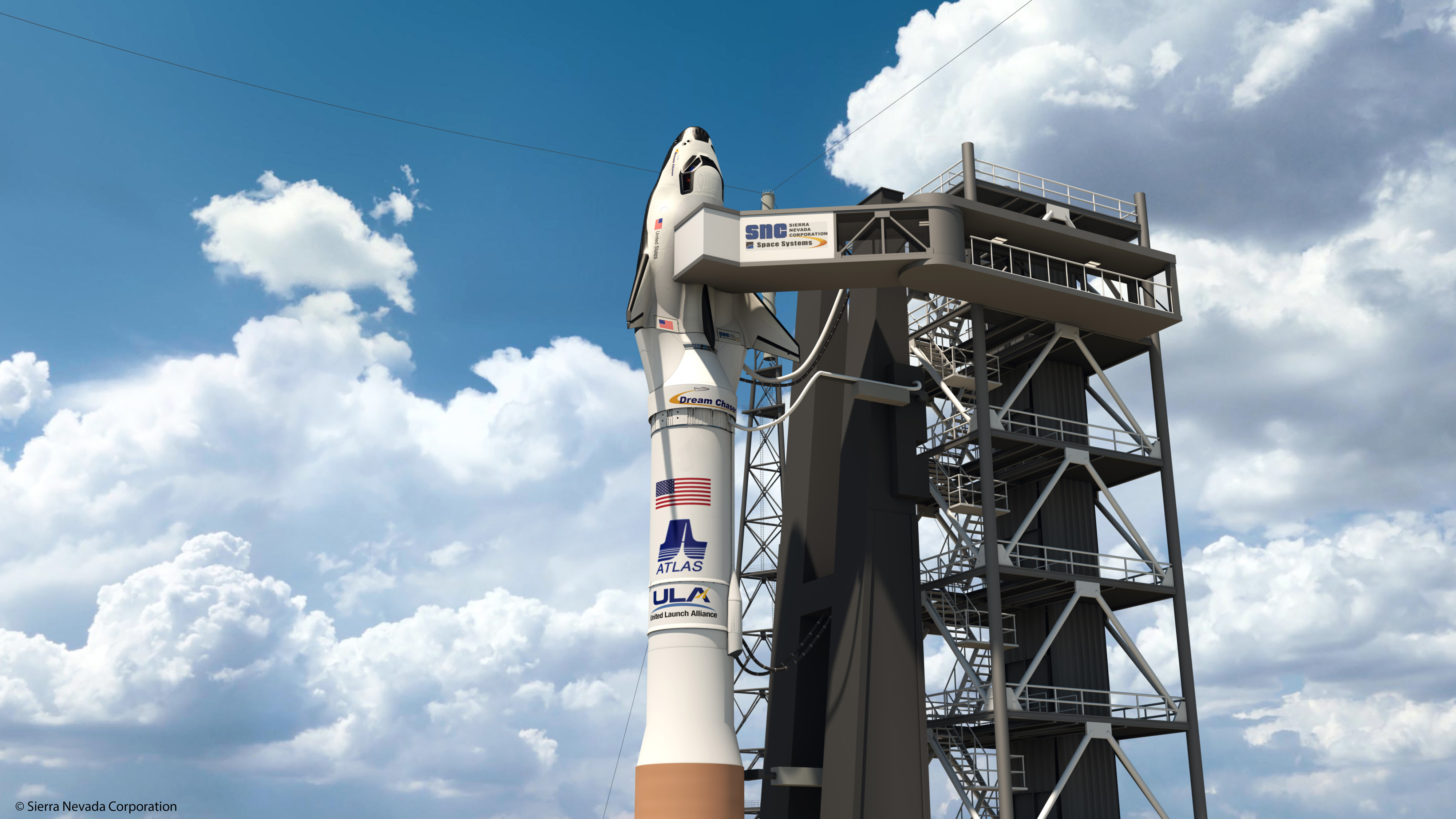 SNC's Dream Chaser atop ULA Atlas V Rocket on Space Launch Complex 41 at Cape Canaveral Air Force Station, Florida.  Credit: Sierra Nevada Corporation (SNC)