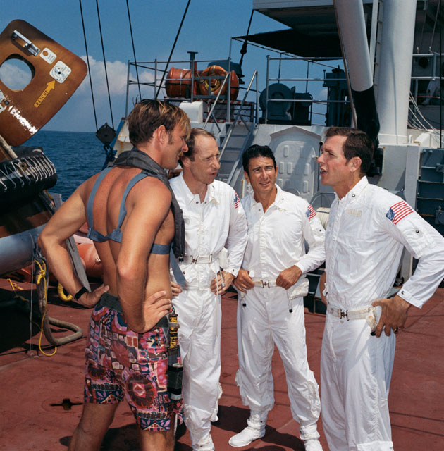 The Apollo 15 crew, pictured during pre-launch water survival exercises. Left to right are Al Worden, Jim Irwin and Dave Scott. Photo Credit: NASA
