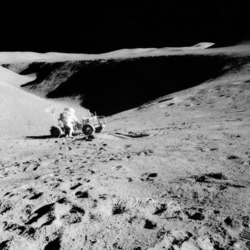 Dave Scott works with the rover on the slopes of Hadley Rille. Photo Credit: NASA