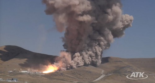 A five-segment solid rocket booster DM3 during a Sept. 8, 2011 static test firing at the company's motor proving grounds near Promontory, Utah. Photo Credit: ATK