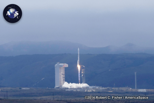 The Atlas V rises from the mountain-ringed Vandenberg landscape to deliver WorldView-3 into orbit in August 2014. Photo Credit: Robert C. Fisher/AmericaSpace
