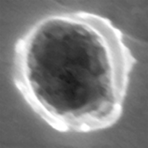 A scanning electron microscope view of a crater caused by an interstellar dust impact in the aluminium foil that covered the aerojel tiles onboard the Stardust spacecraft. The crater is about 280 nanometers across; 400 of these craters would span the width of a human hair. The dust particle residue is visible as the “bumpy” terrain inside the crater. Image Credit: Rhonda Stroud/Naval Research Laboratory.