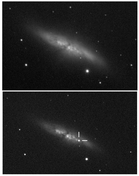 A series of images of galaxy M82, taken with one of the automated 0.35–metre telescopes at the University of London Observatory. The top image was taken on 10 December 2013, while the image at the bottom was taken on 21 January 2014, clearly revealing the presence of SN 2014J (shown in crosshair). Image Credit: UCL/University of London Observatory/Steve Fossey/Ben Cooke/Guy Pollack/Matthew Wilde/Thomas Wright 