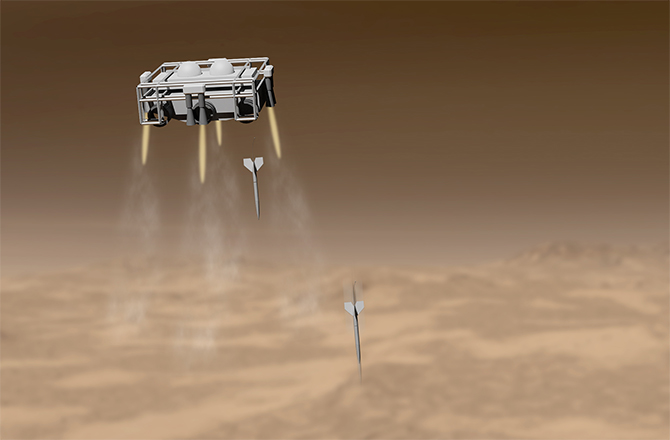 Artist's conception of ExoLance probes being launched from a hovering lander. Image Credit: Explore Mars
