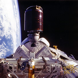 The SBS-4 satellite, atop its PAM-D upper stage, is released from Discovery's payload bay. Photo Credit: NASA, courtesy of Joachim Becker/SpaceFacts.de