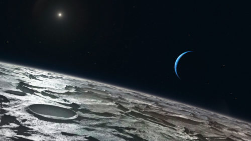Artist's concept of Triton and its thin atmosphere, with Neptune and the distant Sun in the background. Image Credit: European Southern Observatory (ESO)
