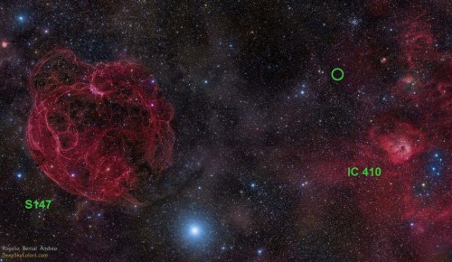 Visible light image of the area in the constellation Auriga where the fast radio burst FRB 121102 was detected. The position of the burst, between the old supernova remnant S147 (left) and the star formation region IC 410 (right) is marked with a green circle. The burst appears to originate from much deeper in space, far beyond our galaxy. Image Credit: Rogelio Bernal Andreo (DeepSkyColors.com)