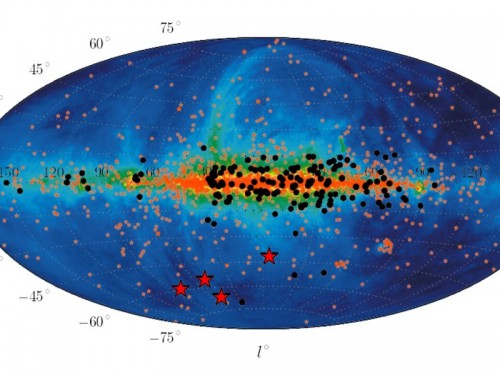Radio map of the whole sky in Galactic coordinates, showing the pulsars that had been found with the High Time Resolution Universe Survey (HTRU) project, marked as black dots. The four red dots indicate the positions of the fast radio bursts that were discovered in 2013 by Thorton's research team. Image Credit: MPIfR/C. Ng