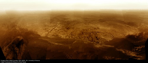 A colorized panorama of the view from the Huygens probe during its descent through Titan's atmosphere. Image Credit: ESA / NASA / JPL / University of Arizona. image processing and panorama by René Pascal
