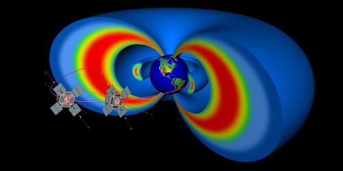 NASA's Van Allen Probes orbit through two giant radiation belts that surround Earth. Their observations help improve computer simulations of events in the belts that can affect technology in space. Image and Caption Credit: JHU/APL, NASA