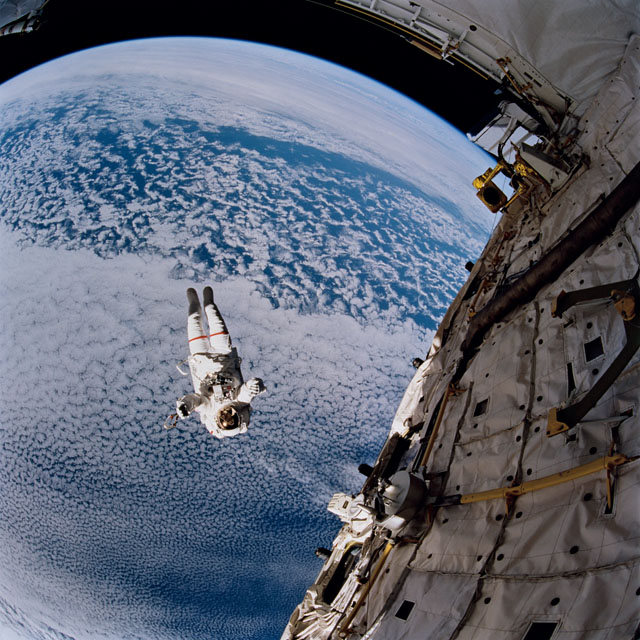 Equipped with the Simplified Aid for EVA Rescue (SAFER) on its first mission, Mark Lee performs the shuttle program's first untethered spacewalk in more than 10 years in September 1994. Photo Credit: NASA