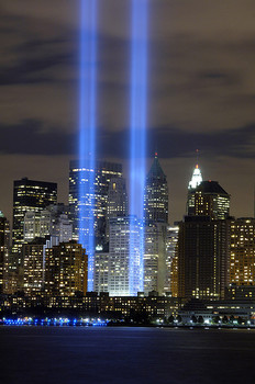 The 9/11 memorial in the aftermath of the Sept. 11, 2001 terrorist attacks, with lights shining towards the heavens marking the spot where the twin towers once stood. Photo: Department of Defense
