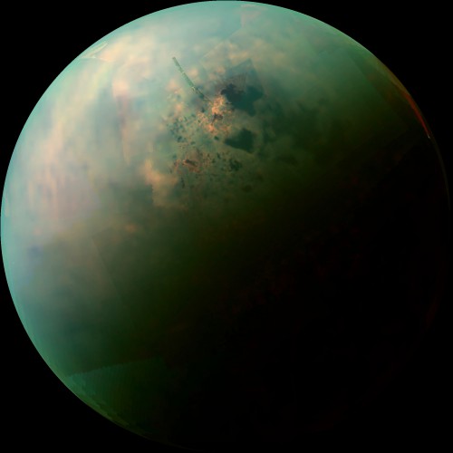 The north polar region of Titan is dotted with many lakes and seas of liquid methane. Image Credit: NASA/JPL-Caltech/University of Arizona/University of Idaho