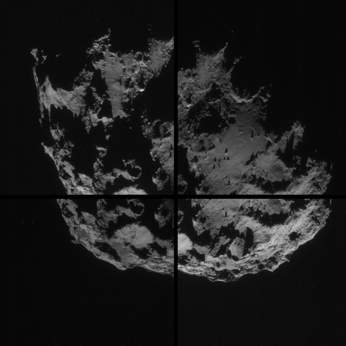 From ESA: "Four-image montage comprising images taken by Rosetta's navigation camera on 7 September from a distance of 51 km from comet 67P/Churyumov-Gerasimenko. The comet nucleus is about 4 km across." Image Credit: ESA/Rosetta/NAVCAM