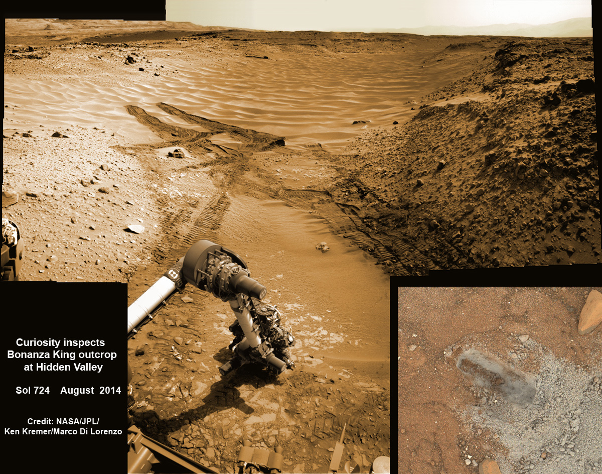 NASA’s Curiosity rover abandons drill campaign at ‘Bonanza King’ rock outcrop after hammer test (inset at right) determined it was unsuitable as potential 4th drill site  in this photo mosaic view captured on Aug. 20, 2014, Sol 724.  Note the background of sand dune ripples and deep wheel tracks inside Hidden Valley that forced quick exit to alternate route forward. Navcam camera raw images stitched and colorized.  Credit: NASA/JPL-Caltech/MSSS/Ken Kremer-kenkremer.com/Marco Di Lorenzo