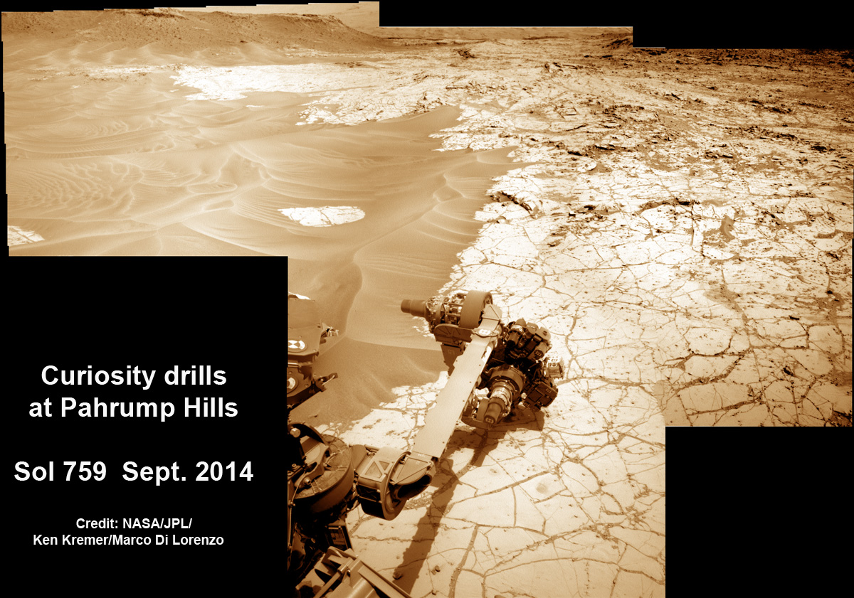 NASA’s Curiosity rover conducts 4th drill campaign at ‘Pahrump Hills’ rock outcrop on Sol 759, Sept. 24, 2014, at the foothills of Mount Sharp seen in the distance.   Credit: NASA/JPL-Caltech/Ken Kremer-kenkremer.com/Marco Di Lorenzo