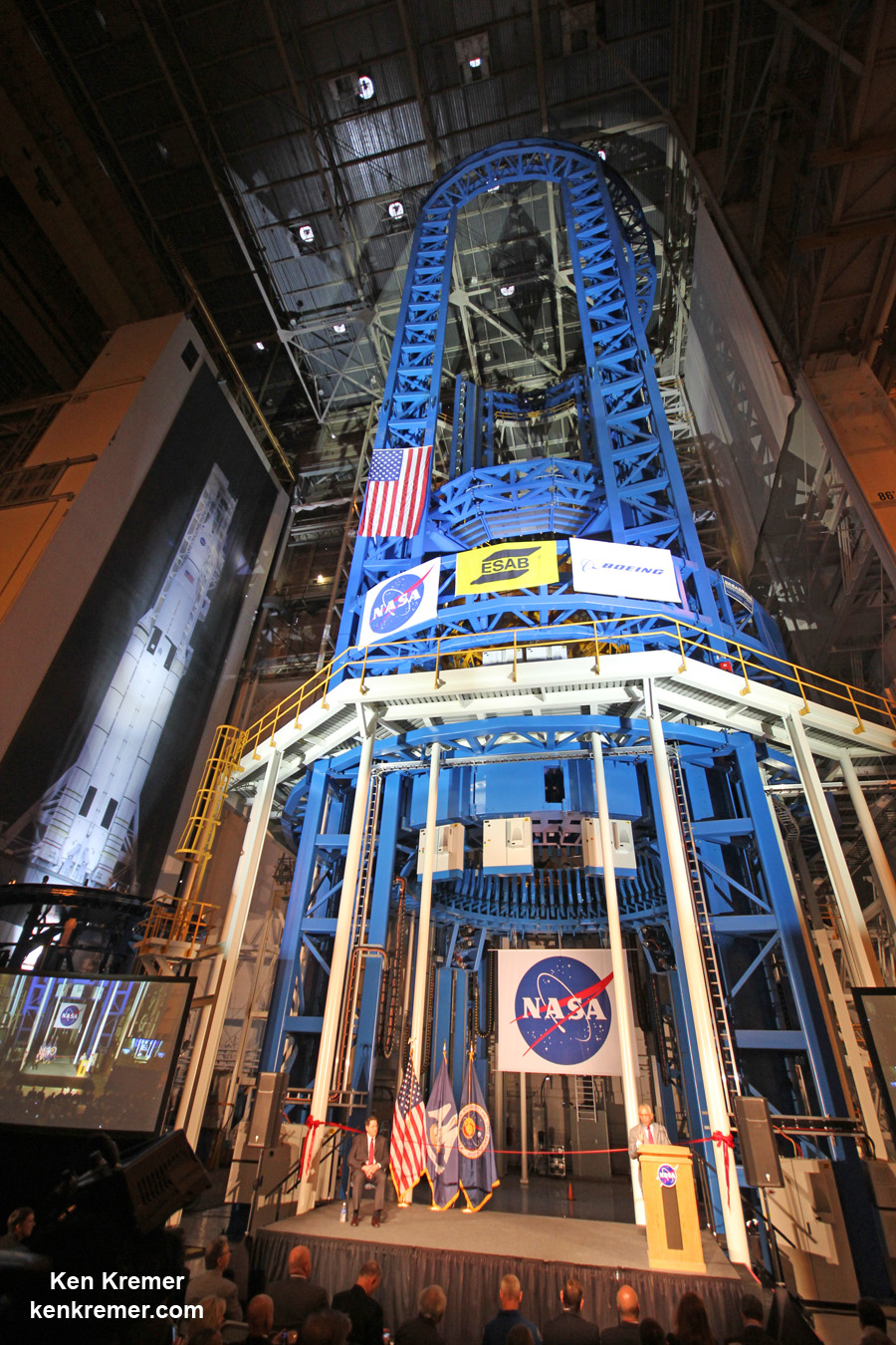 NASA Administrator Charles Bolden officially unveils world’s largest spacecraft welder to begin construction of 1st core stage of NASA's mammoth Space Launch System (SLS) rocket at NASA Michoud Assembly Facility, New Orleans, on Sept. 12, 2014. SLS will be the most powerful rocket ever built by humans.  Credit: Ken Kremer - kenkremer.com