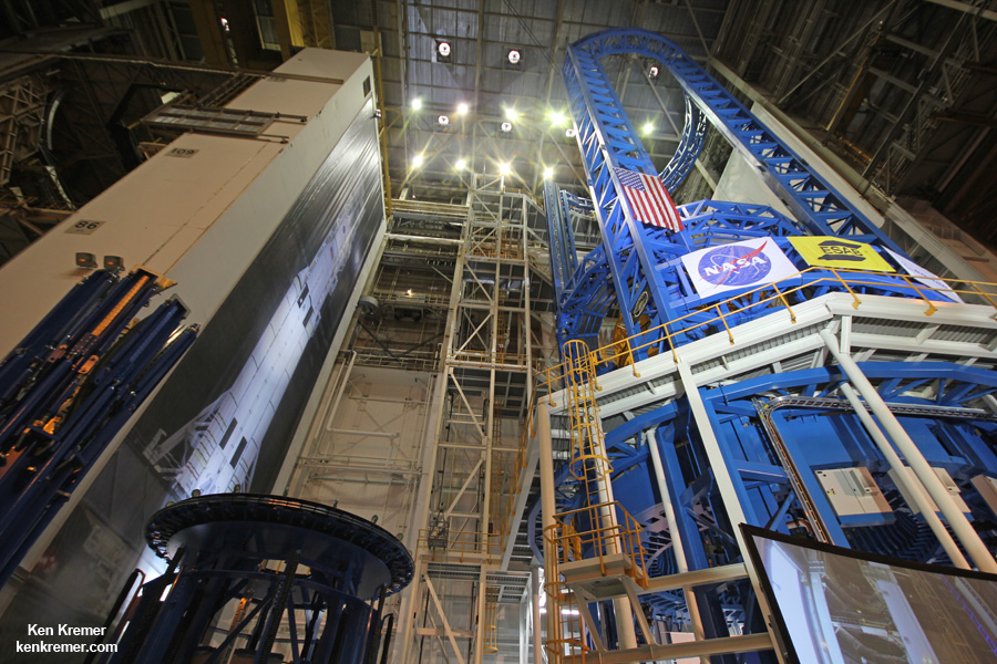 Wide angle view of the giant new rocket welding tool at the Vertical Assembly Center at NASA’s Michoud Assembly Facility in New Orleans at a ribbon-cutting ceremony Sept. 12, 2014 with NASA Administrator Charles Bolden.  The welder is the world’s largest and will soon manufacture NASA’s SLS Mars rocket.  Credit: Ken Kremer – kenkremer.com