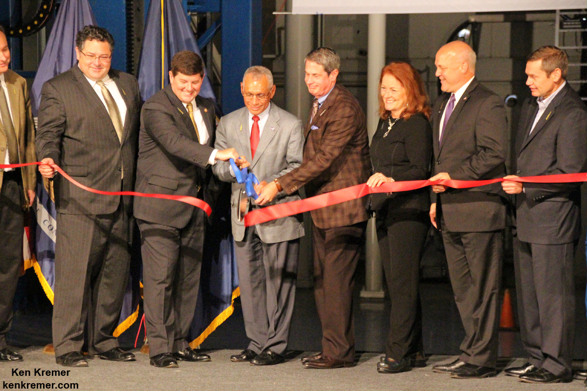 NASA Administrator Charles Bolden and dignitaries at ribbon-cutting ceremony opening the Vertical Assembly Center (VAC) weld facility on Sept. 12, 2014  at the Michoud Assembly Facility in New Orleans. Credit: Ken Kremer - kenkremer.com /AmericaSpace