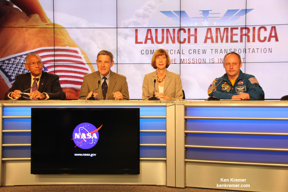 NASA Administrator Charles Bolden (left) announces the winners of NASA’s  Commercial Crew Program development effort to build America’s next human spaceships launching from Florida to the International Space Station.  Speaking from Kennedy’s Press Site, Bolden announced the contract award to Boeing and SpaceX to complete the design of the CST-100 and Crew Dragon spacecraft.  Former astronaut Bob Cabana, center, director of NASA's Kennedy Space Center in Florida,  Kathy Lueders, manager of the agency's Commercial Crew Program, and former International Space Station Commander Mike Fincke also took part in the announcement.  Credit: Ken Kremer- kenkremer.com