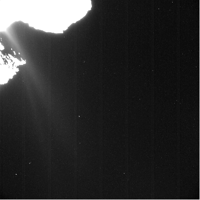 NavCam image showing a faint jet of water vapour/ice emanating from the "neck" region of the comet. Such activity will increase as the comet gets closer to the Sun during its orbit. Image Credit: ESA/Rosetta/MPS for OSIRIS Team MPS/UPD/LAM/IAA/SSO/INTA/UPM/DASP/IDA