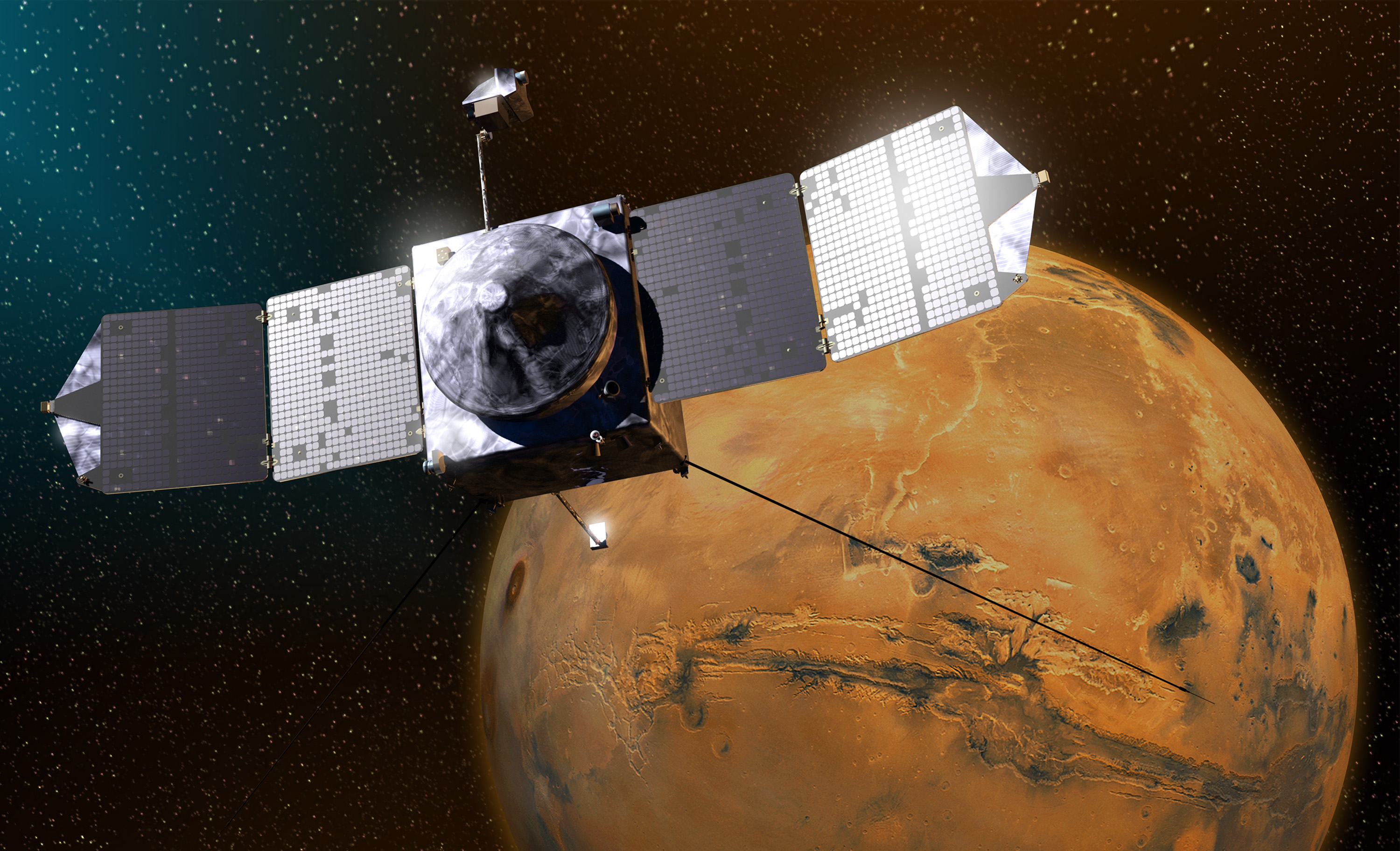 Artist’s concept of the MAVEN spacecraft in orbit around Mars. The mission recently completed one year of successful science operations around the Red planet and is already primed for a year-long extended mission until at least September 2016. Image Credit: NASA/GSFC
