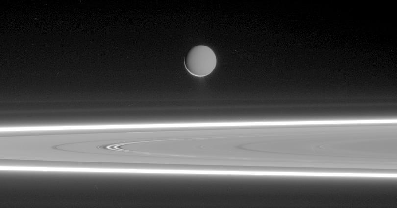 Lit by reflected light from Saturn, Enceladus appears to hover above the gleaming rings with its well-defined ice particle jets spraying a continuous hail of tiny ice grains, in this image taken by NASA's Cassini spacecraft in 2006 from a distance of 1.303 million kilometers. The 500 km-wide moon has excited the scientific community and the general public alike, with its potential to harbor an underground habitable environment. Image Credit: NASA/JPL/Space Science Institute