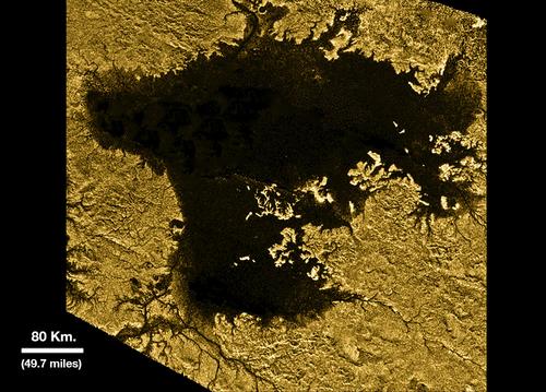 Overhead view of Ligeia Mare, one of the largest seas on Titan, and where the "mystery island" is located. Image Credit: NASA/JPL-Caltech/ASI/Cornell