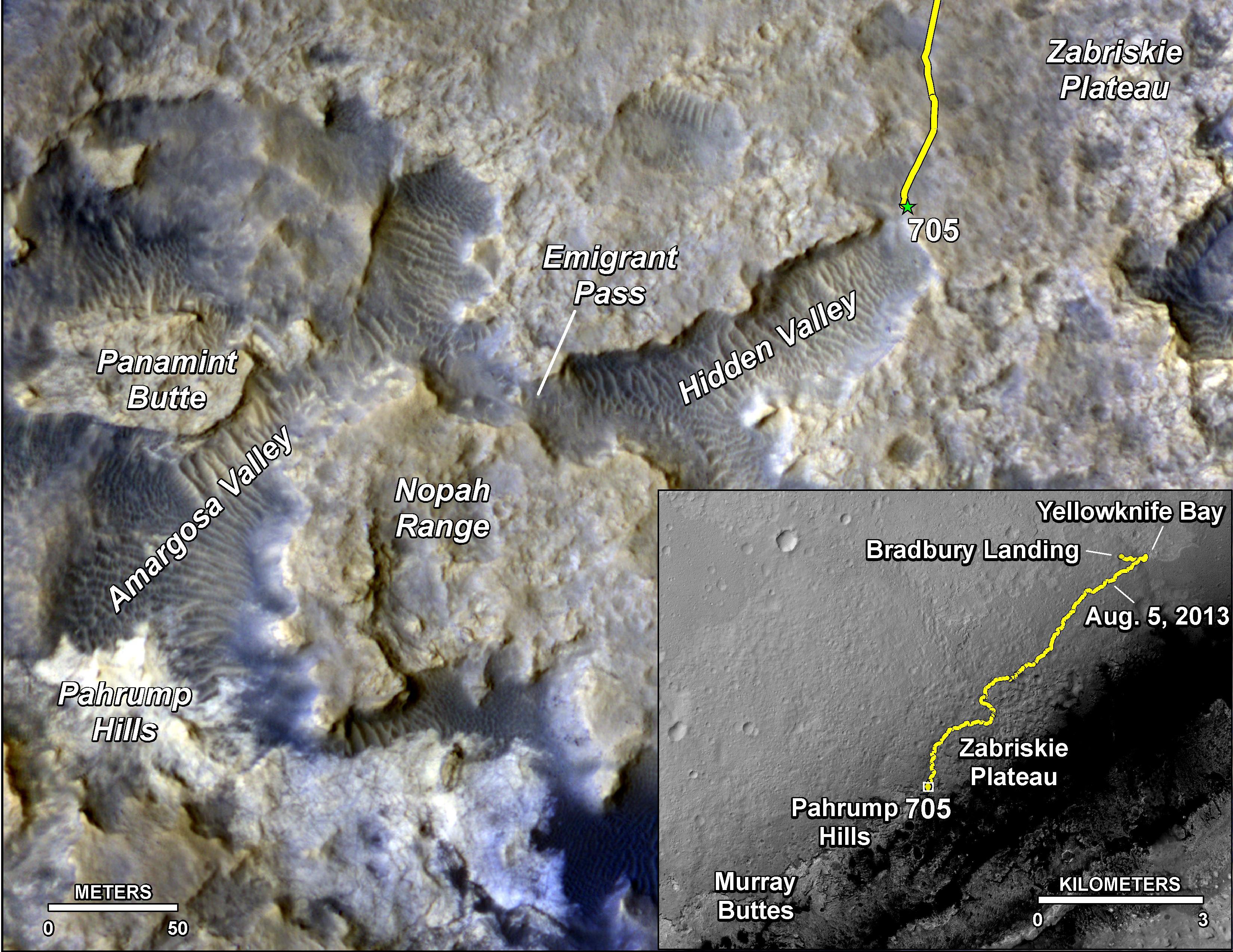 The main map here shows the assortment of landforms near the location of NASA’s Curiosity Mars rover around the rover’s second anniversary of landing on Mars. The gold traverse line entering from upper right ends at Curiosity’s position as of Sol 705 on Mars (July 31, 2014). The inset map shows the mission’s entire traverse from the landing on Aug. 5, 2012, PDT (Aug. 6, EDT) to Sol 705, and the remaining distance to long-term science destinations near Murray Buttes, at the base of Mount Sharp. The label “Aug. 5, 2013″ indicates where Curiosity was one year after landing. Credit: NASA/JPL-Caltech/Univ. of Arizona