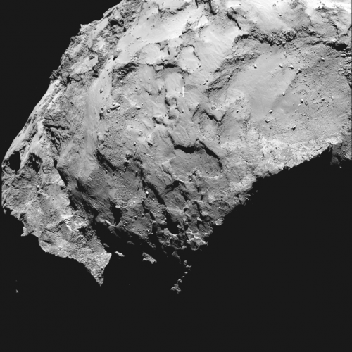 Landing site J, marked by the white cross, on the head of comet 67P/Churyumov–Gerasimenko. Image Credit: ESA/Rosetta/MPS for OSIRIS Team MPS/UPD/LAM/IAA/SSO/INTA/UPM/DASP/IDA