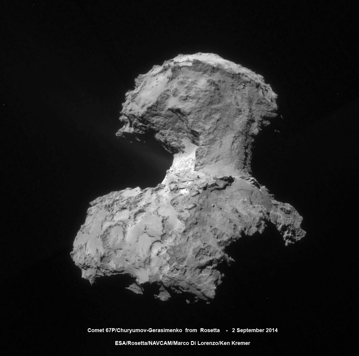Four-image photo mosaic comprising images taken by Rosetta’s navigation camera on 2 September 2014 from a distance of 56 km from comet 67P/Churyumov-Gerasimenko. The mosaic has been contrast enhanced to bring out details of the coma, especially of jets of dust emanating from the neck region. Credits: ESA/Rosetta/NAVCAM/Marco Di Lorenzo/Ken Kremer – kenkremer.com