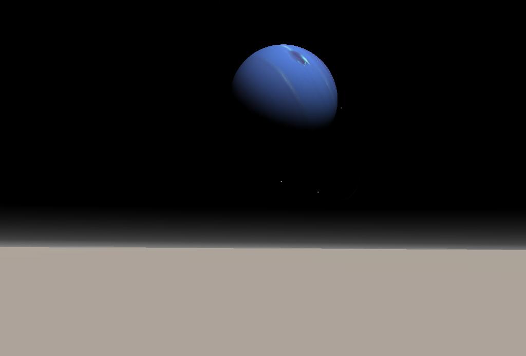 An artist's concept of Neptune as seen from the surface of its largest moon Triton. Could this distant cold moon harbor an underground habitat for life in the outer reaches of the Solar System approximately 4.5 billion km from the Sun? Image Credit: Wikipedia