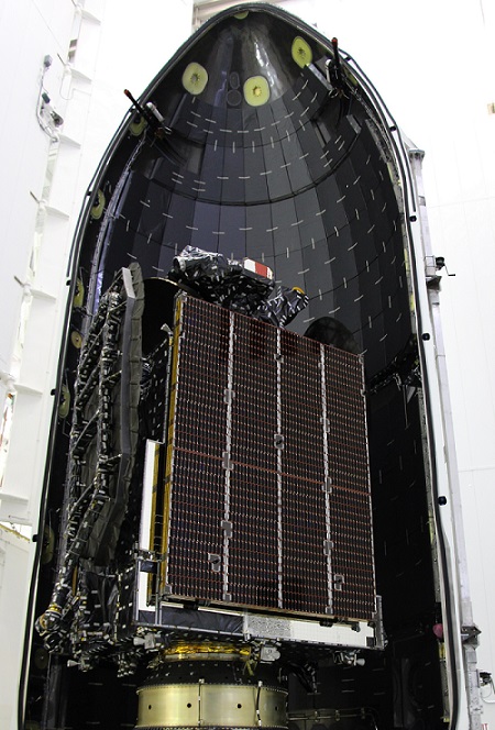 AsiaSat-6 is encapsulated within its payload shroud. Photo Credit: AsiaSat