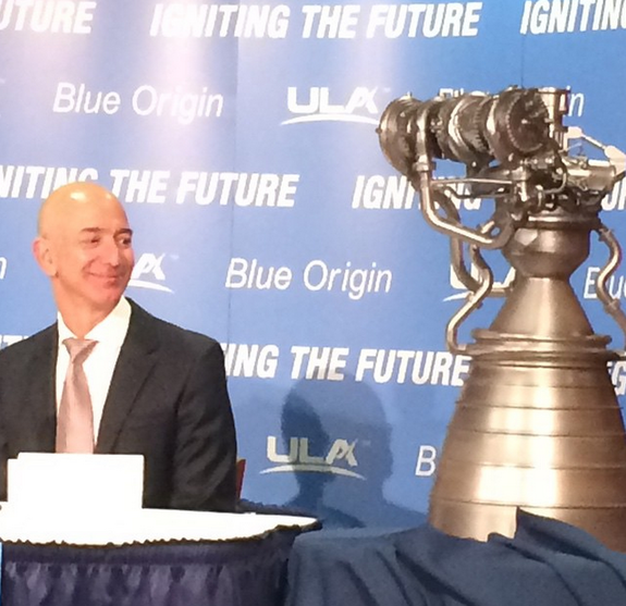 Jezz Bezos unveils new model of the Blue Origin BE-4 liquid fueled rocket engine at a media briefing at the National Press Club in Washington, D.C.,  on Sept. 17, 2014. Credit: United Launch Alliance