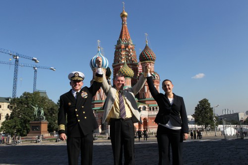 Soyuz TMA-14M crew members (from left) Barry "Butch" Wilmore, Aleksandr Samokutyayev and Yelena Serova are pictured during a visit to Moscow's Kremlin Wall. Photo Credit: NASA