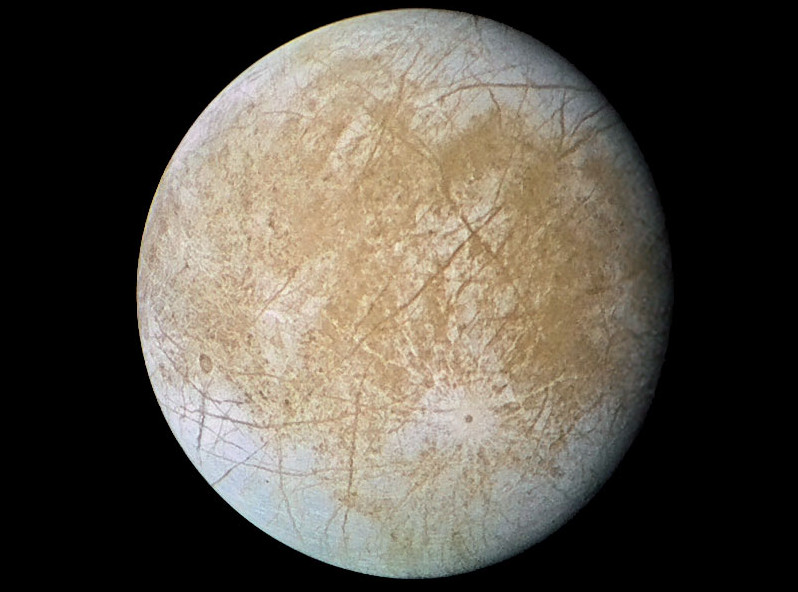 Jupiter's moon Europa, as seen by NASA's Galileo spacecraft. A long line of evidence has shown that Europa has an underground ocean of liquid water, which for many scientists constitutes the best place in the Solar System to search for alien life. Image Credit: NASA/JPL/Ted Stryk