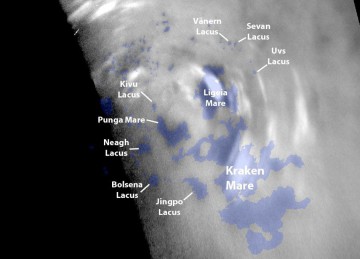 An image of the northern lakes of Titan (shown in blue) taken in 2013 by Cassini’s Visible and Infrared Mapping Spectrometer. Image Credit: NASA/JPL-Caltech 