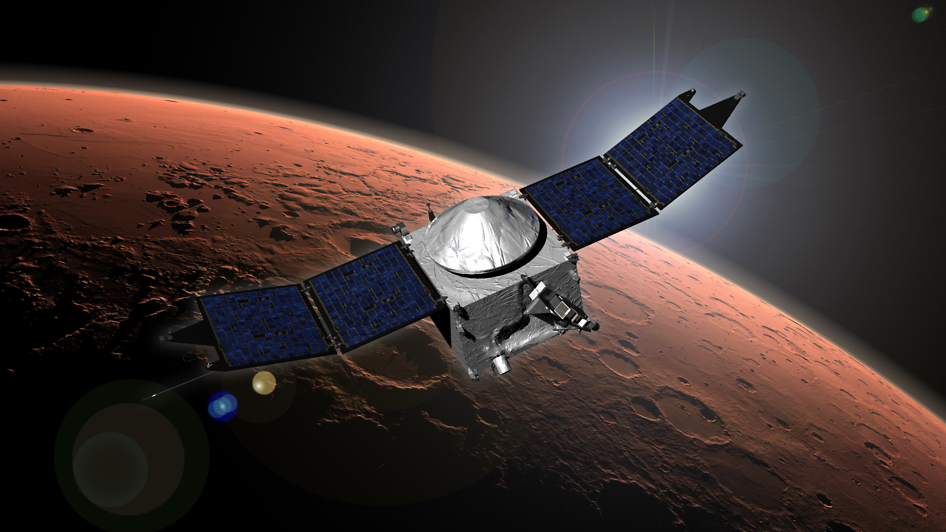 This image shows an artist concept of NASA's Mars Atmosphere and Volatile EvolutioN (MAVEN) mission