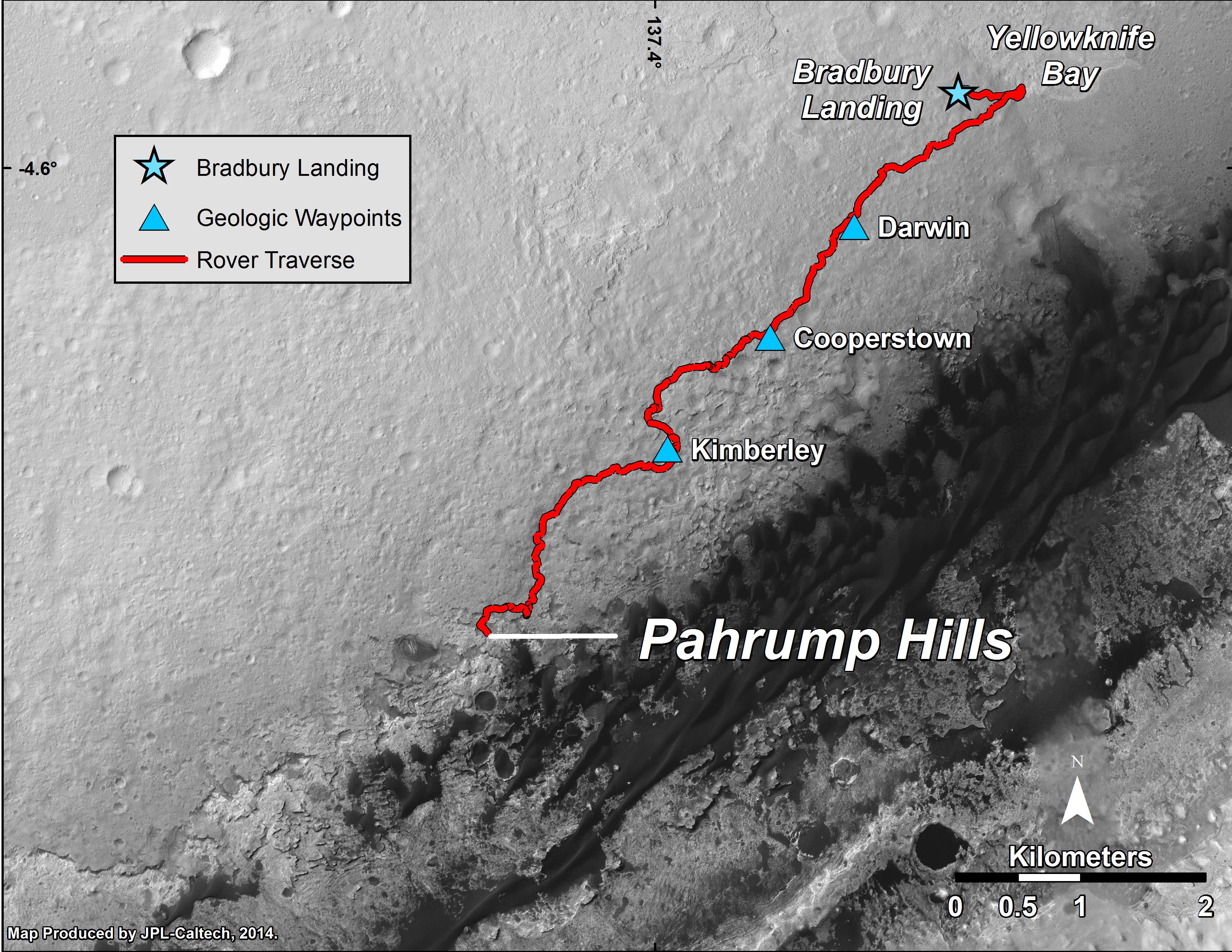 This map shows the route driven by NASA's Curiosity Mars rover from the "Bradbury Landing" location where it landed in August 2012 to the "Pahrump Hills" outcrop where it drilled into the lowest part of Mount Sharp.  Credit: NASA/JPL-Caltech/Univ. of Arizona  