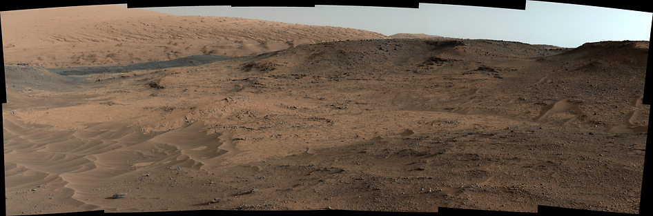 This southeastward-looking vista from the Mast Camera (Mastcam) on NASA's Curiosity Mars rover shows the "Pahrump Hills" outcrop and surrounding terrain seen from a position about 70 feet (20 meters) northwest of the outcrop. Credit: NASA/JPL-Caltech/MSSS
