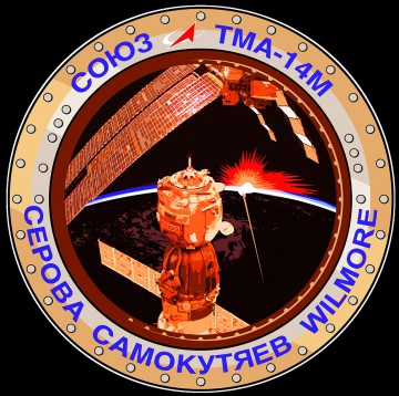 The Soyuz TMA-14M crew patch, which views the spacecraft and ISS structure through Zvezda's Window No. 9. Image Credit: NASA