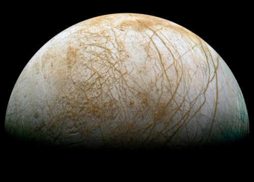 Europa, with its subsurface ocean, and now evidence for plate tectonics, is a primary goal of exploration in the search for alien life. Photo Credit: NASA/JPL-Caltech