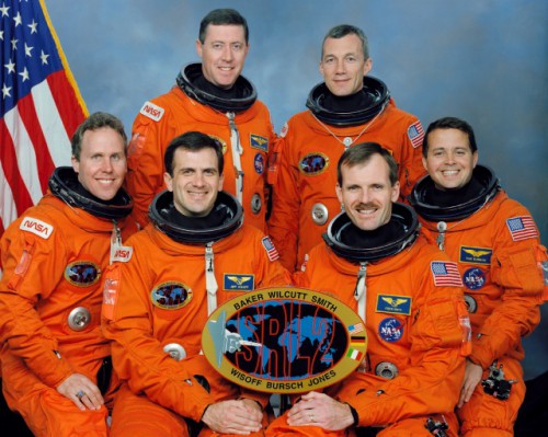 The STS-68 crew. Seated, from left, are Tom Jones, Jeff Wisoff, Steve Smith and Dan Bursch, with Mike Baker and Terry Wilcutt standing behind. Photo Credit: NASA