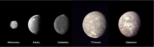 A montage of Uranus' five largest moons as imaged by the Voyager 2 spacecraft. Image Credit: NASA/JPL
