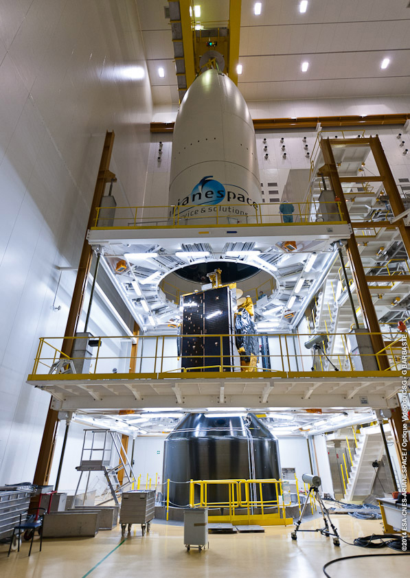 The ogive-shaped payload fairing is lowered over the Measat-3B satellite in readiness for Mission VA-218. Photo Credit: Arianespace