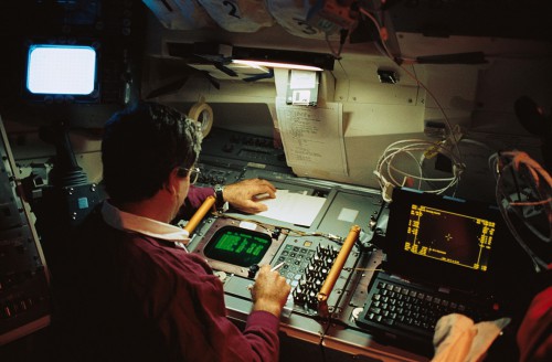 Veach at work on Discovery's flight deck during STS-39. Photo Credit: NASA
