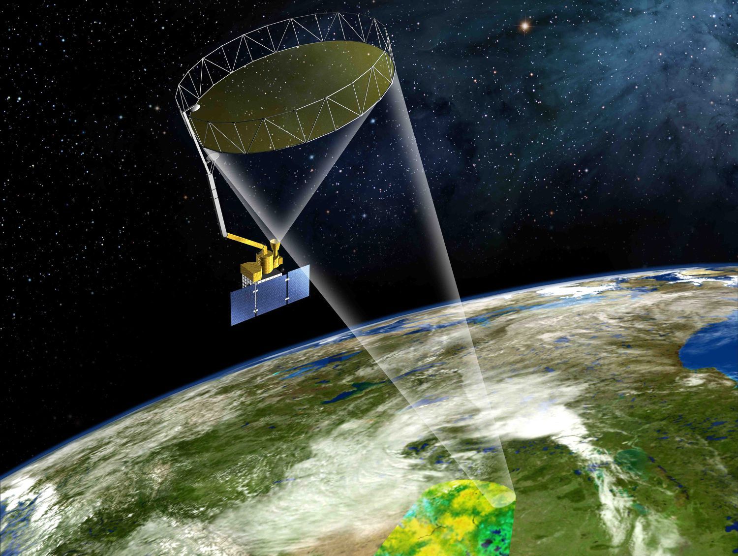 Dominated by its Astro Aerospace-built mesh antenna, SMAP will monitor the moisture of Earth's soil on a near-global scale every few days. Image Credit: NASA
