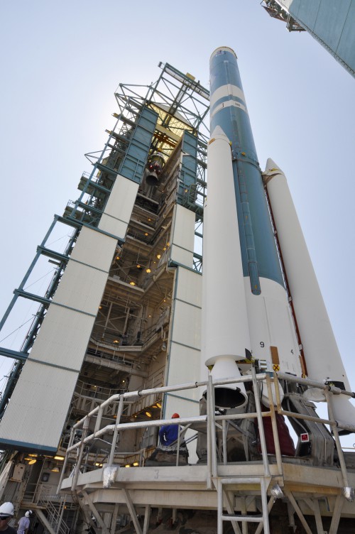The second stage of the Delta II rocket for NASA's SMAP mission is transferred into the top of the mobile service tower at Space Launch Complex 2 on Vandenberg Air Force Base in California. Image Credit: NASA